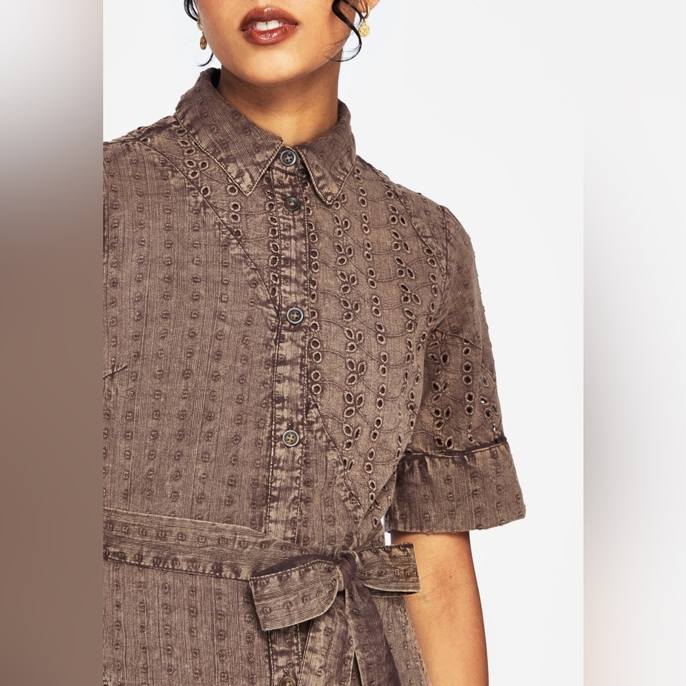 NWT Disturbia Summerisle Cotton Broderie Detail Tie Wrap Midi Shirt Dress US 6 - Picture 2 of 7